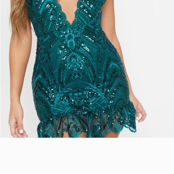 PrettyLittleThing Teal Sequin Mini Dress - Picture 2 of 5